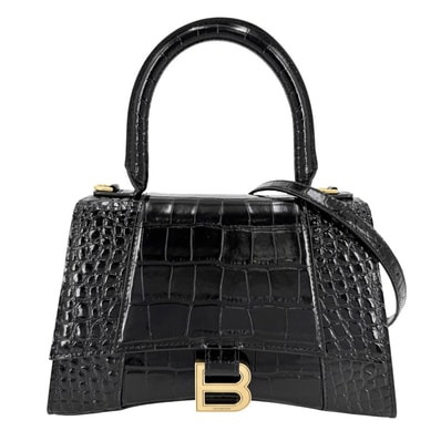 BALENCIAGA バレンシアガ 2WAY アワーグラス スモール ハンドバッグ ショルダーバッグ 肩掛け 斜め掛け HOURGLASS クロコ型押し トップハンドル 593546 レザー ブラック 黒 アンティークゴールド金具 レディース【中古品】