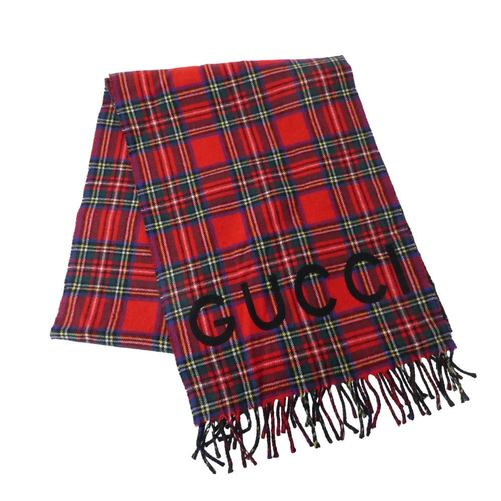 GUCCI グッチ マフラー 597530 タータン チェック ロゴ フリンジ マフラー レッド系 ブラック系【中古】