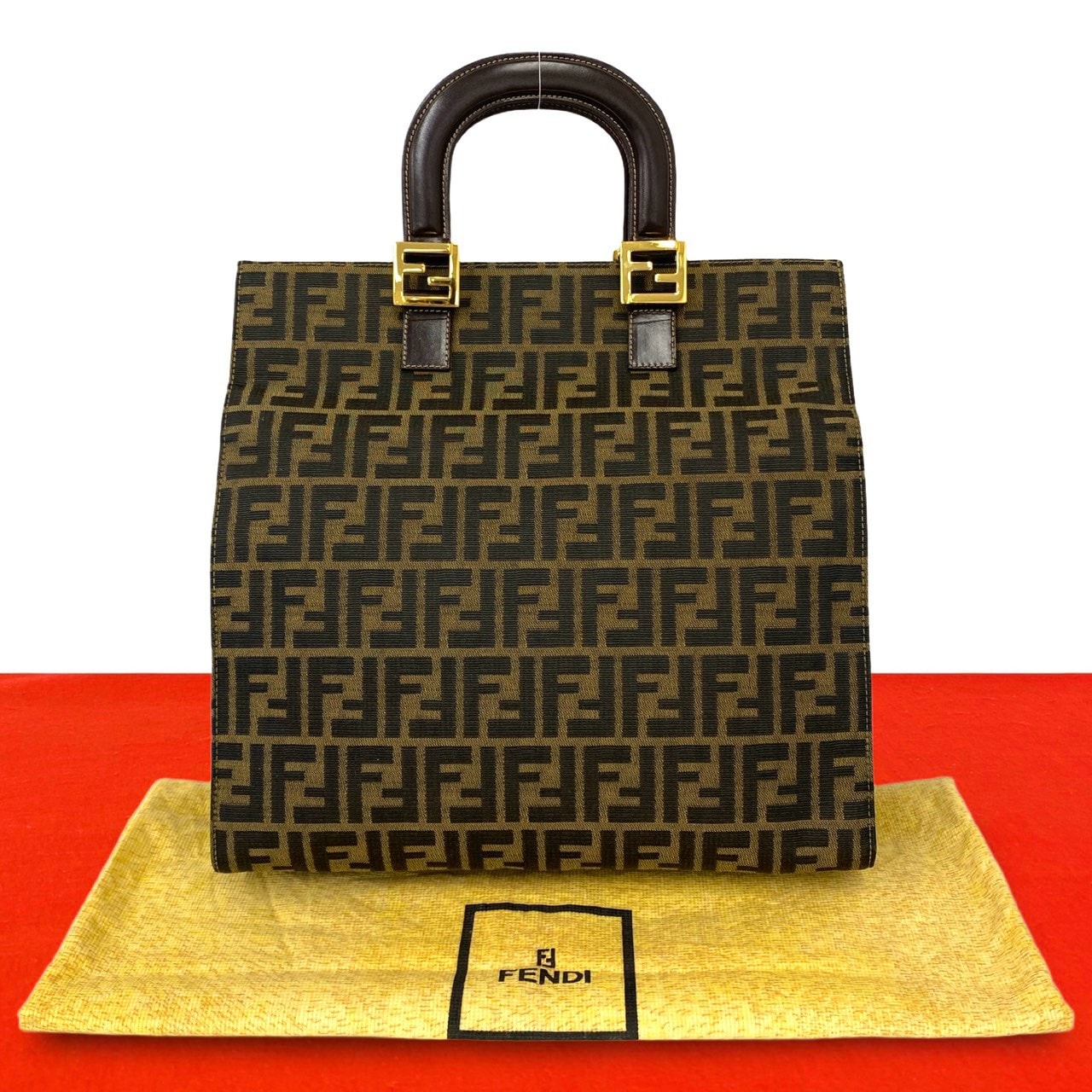 FENDI フェンディ ズッカ FF ロゴ 柄 金具  キャンバス レザー トートバッグ ブラウン
 08445