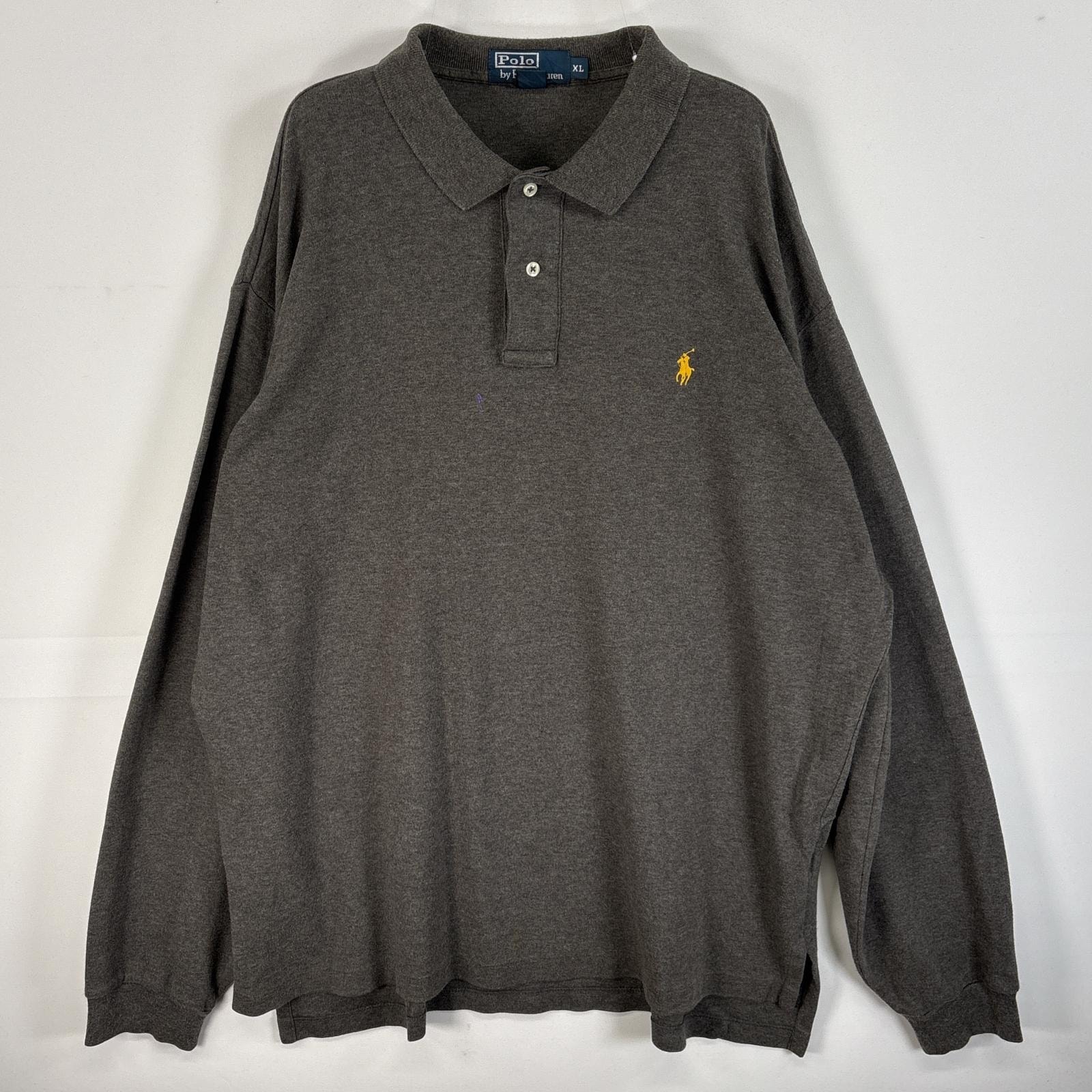 古着 90's/90年代 ポロバイラルフローレン Polo by Ralph Lauren 長袖 ポロシャツ ロゴ 刺繍 大きいサイズ 2ボタン XL  ダークグレー 無地 メンズ