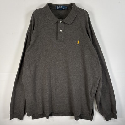 古着 90's/90年代 ポロバイラルフローレン Polo by Ralph Lauren 長袖 ポロシャツ ロゴ 刺繍 大きいサイズ 2ボタン XL ダークグレー 無地 メンズ