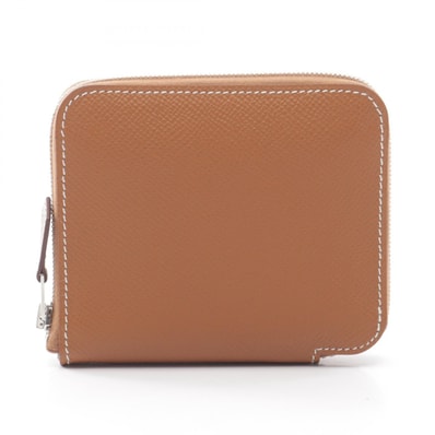 エルメス HERMES アザップコンパクト シルクイン ゴールド ラウンド財布 財布 レザー ヴォーエプソン ゴールド U刻印(2022年製造) レディース ブラウン系 【中古】