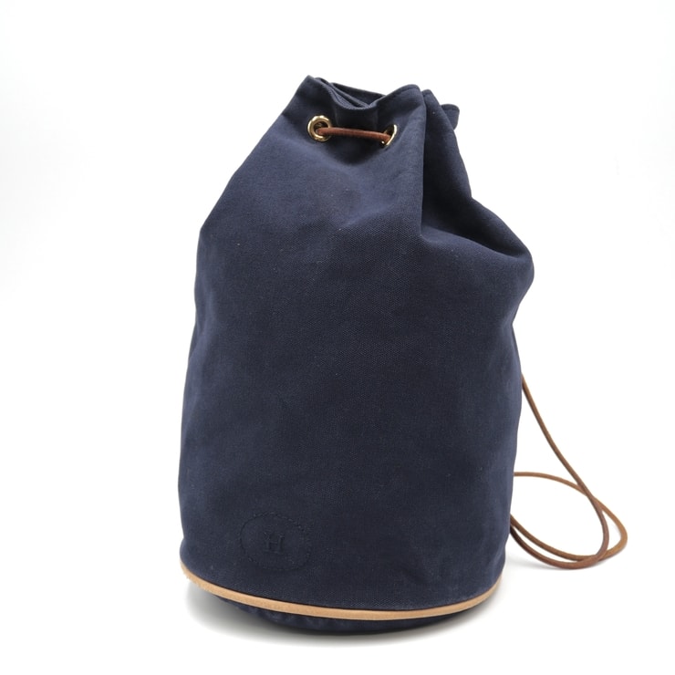 HERMES(エルメス)ポロションミミル ヴィンテージ 巾着バッグ ショルダーバッグ リュックサック ネイビー キャンバス コットン レザー ゴールド金具 レディース メンズ ユニセックス【中古】