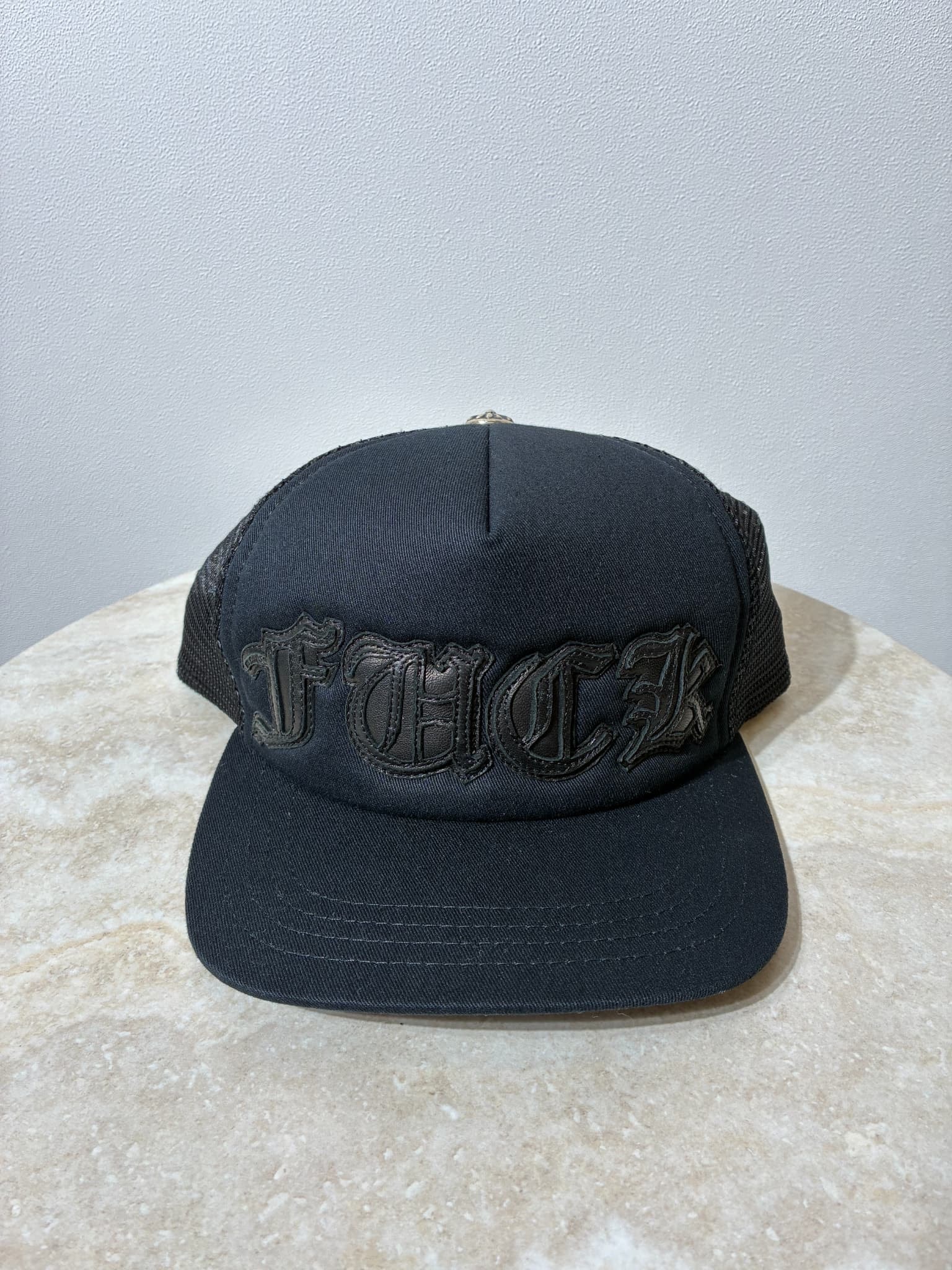  Chrome Hearts Fuck Leather Patch Trucker Cap (Scroll Label) "Black/Black"