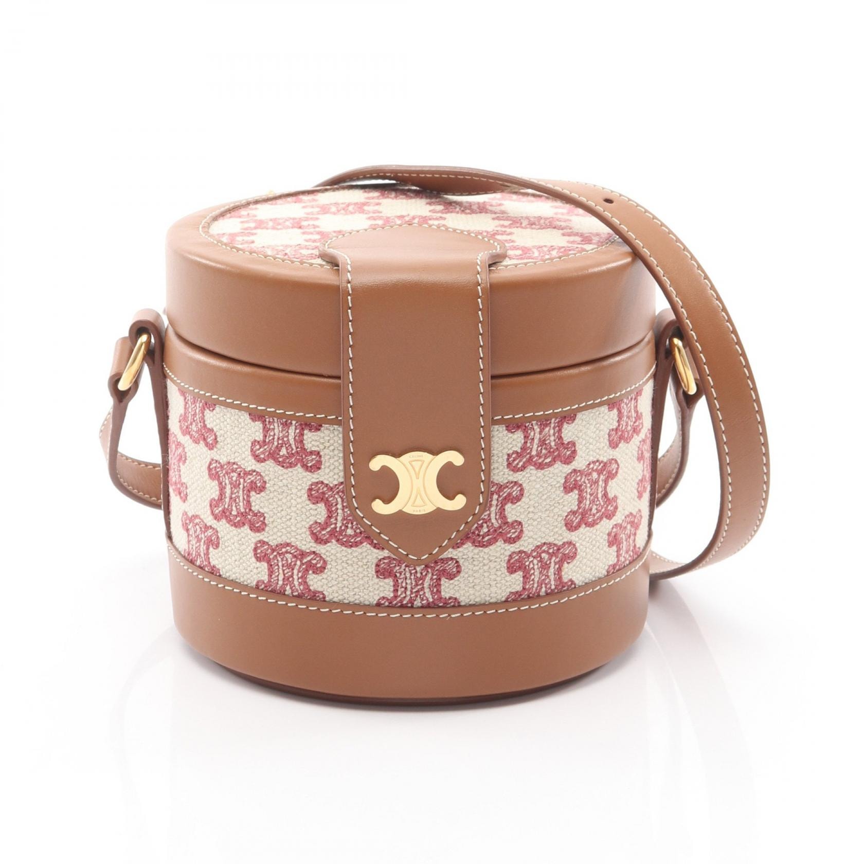 セリーヌ CELINE SMALL TAMBOUR タンブール トリオンフ ショルダーバッグ バッグ キャンバス レザー レディース アイボリー系 / レッド系 / ブラウン系 【中古】