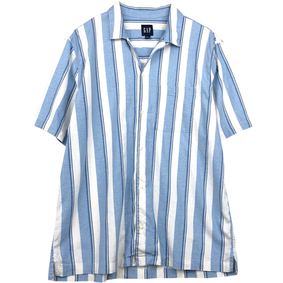 古着 00年代 ギャップ GAP ストライプ柄 マルチストライプ 半袖 オープンカラー リネンシャツ ボックスシャツ メンズL相当/eaa655817