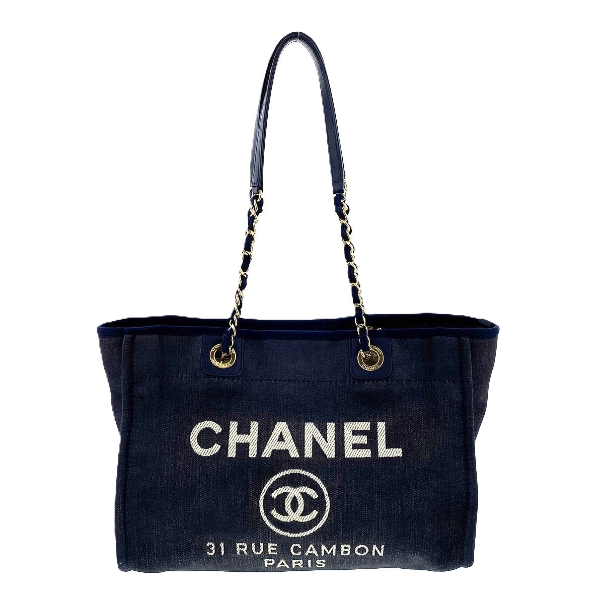 【再値下げ】 CHANEL シャネル ココマーク ドーヴィルMM トートバッグ A67001 デニム ネイビー デニム インディゴ  レディース【中古】
