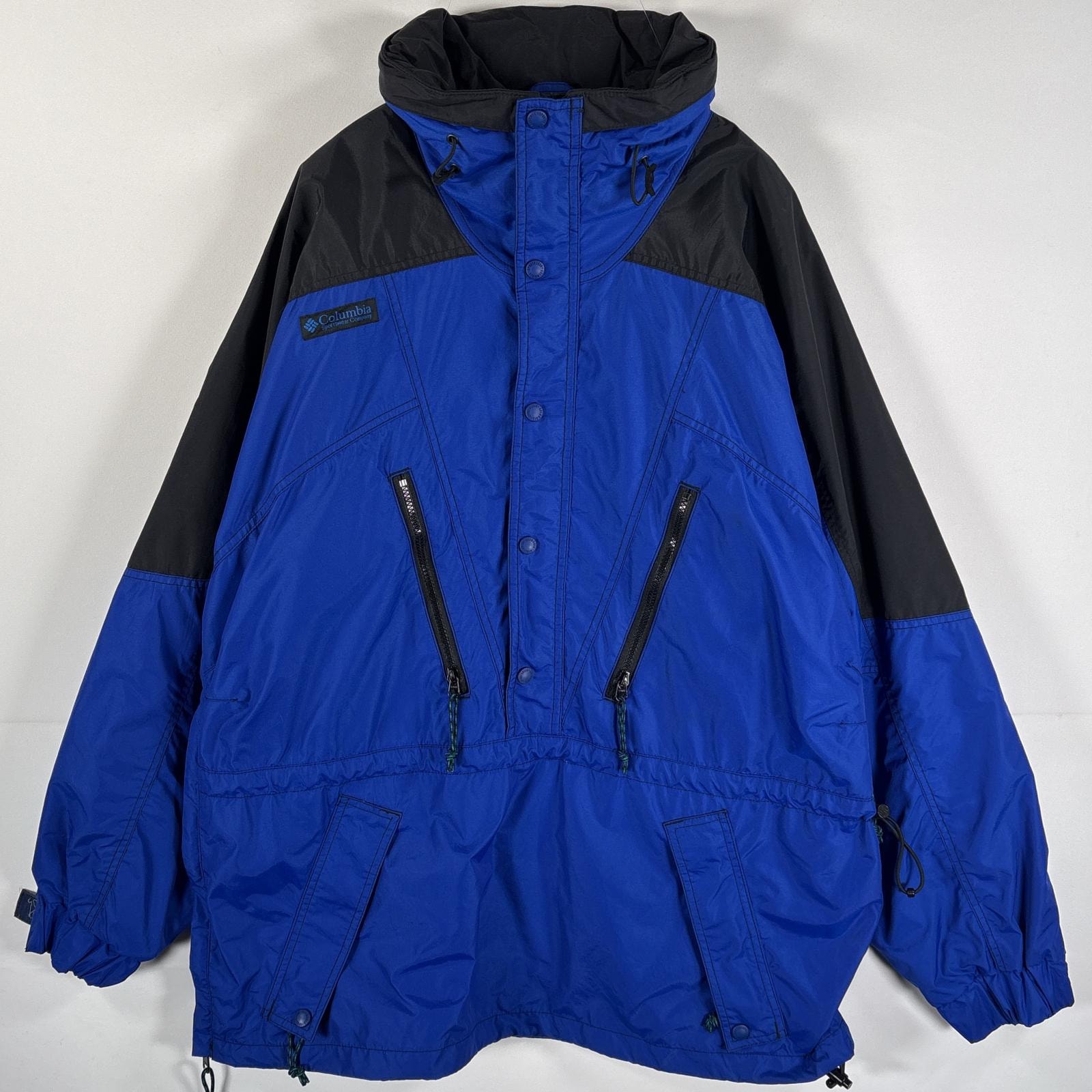 古着 90's/90年代 コロンビア Columbia アノラックパーカー ハーフジップ ワンポイントロゴ ブラック ブルー ツートン メンズ