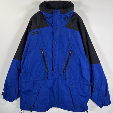 古着 90's/90年代 コロンビア Columbia アノラックパーカー ハーフジップ ワンポイントロゴ ブラック ブルー ツートン メンズ