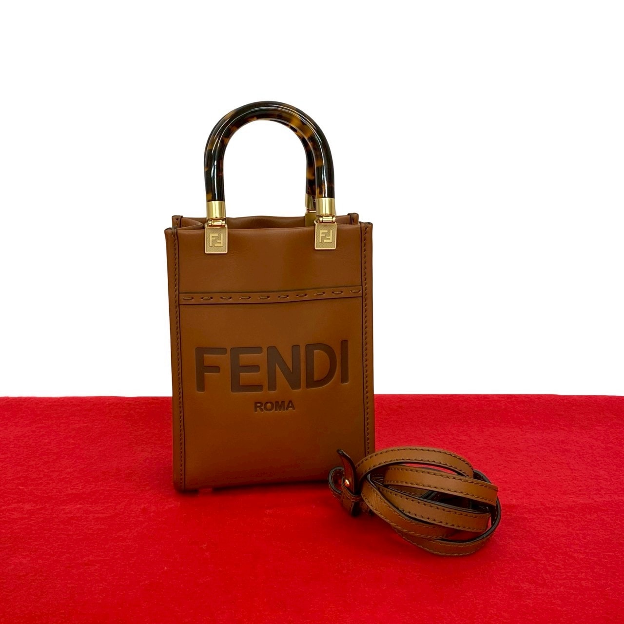 FENDI フェンディ サンシャイン ショッパー ミニ ロゴ レザー ショルダーバッグ ブラウン
 64415
