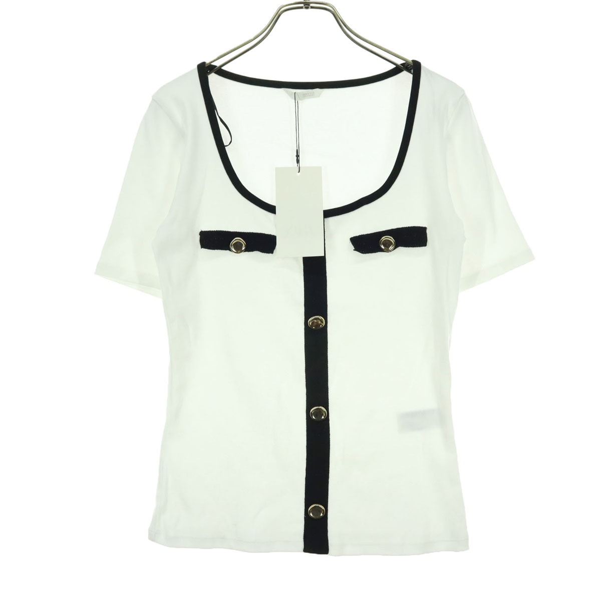 ZARA ザラ パイピング 半袖 ニット Tシャツ M バイカラー 金ボタン