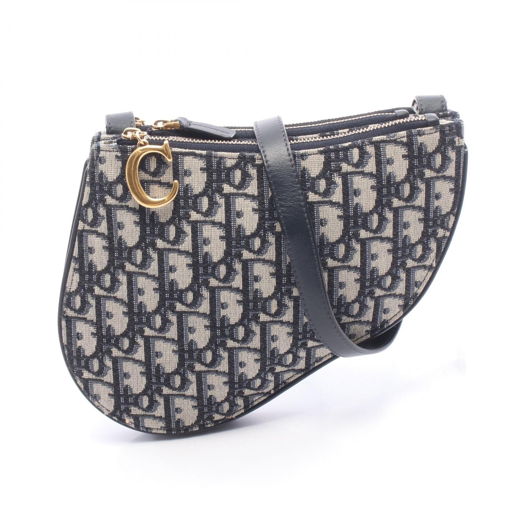 ディオール Dior SADDLE サドル ポーチ オブリーク ショルダーバッグ バッグ キャンバス レザー レディース ネイビー系 / ベージュ系 【中古】