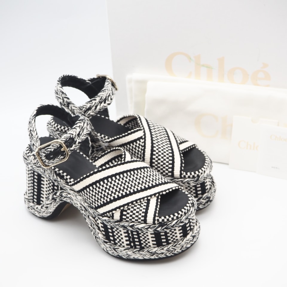 極美品 Chloe クロエ Meril 織地 サンダル 7 24 CHC22A650AJ90K37W サンダル ブラック・ホワイト コットン ラムスキン レディース