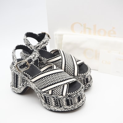 極美品 Chloe クロエ Meril 織地 サンダル 7 24 CHC22A650AJ90K37W サンダル ブラック・ホワイト コットン ラムスキン レディース