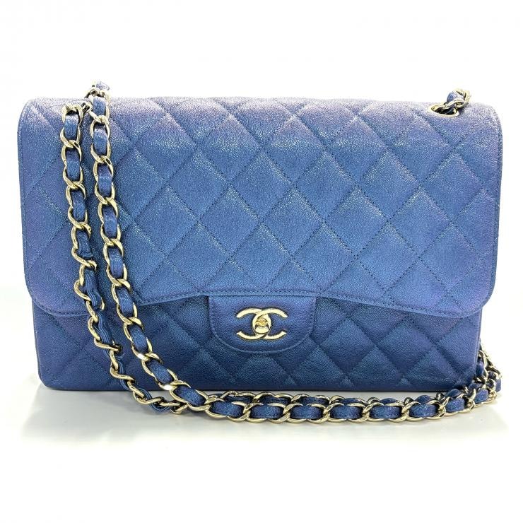 【希少】 シャネル ラメ マトラッセ Wフラップ チェーンショルダー キャビアスキン ブルー ゴールド金具 CHANEL 正規品 鑑定済み