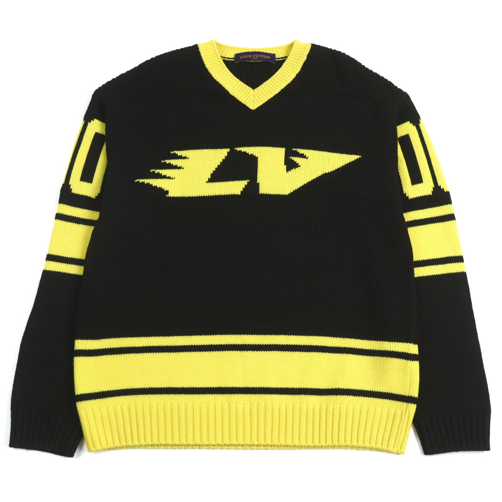 美品 ルイヴィトン
 ニット LVインタルシアフットボールニット ブラック イエロー メンズ S HMN86W