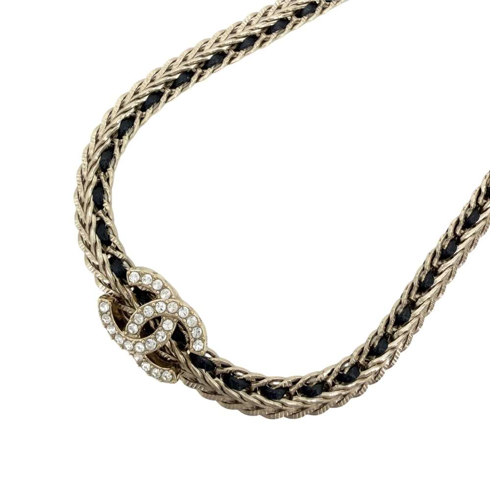 CHANEL シャネル ネックレス アジャスター付き チョーカー ココマーク レザーチェーン GP ラインストーン レザー B22S ゴールド ブラック 黒 レディース 約25.0g 2022年【中古品】