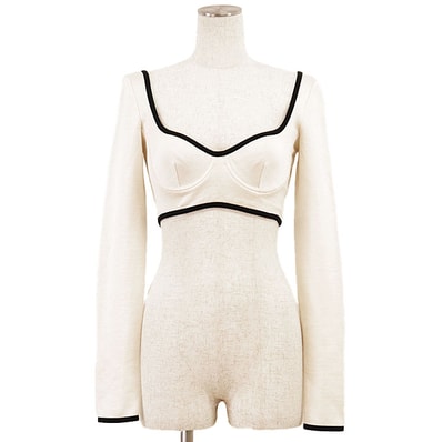 【未使用】CHANEL シャネル クロップドトップ 21S P70684 レディース サイズ 38 シルクニット バイカラー ストレッチ ロングスリーブ 短丈 長袖 トップス タグ・共生地付属 エクリュ ブラック 黒 イタリア製 ヴィルジニー・ヴィアール期