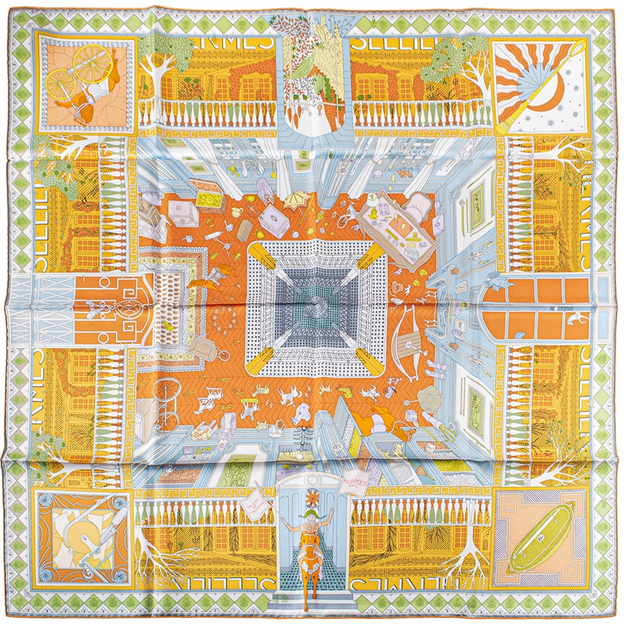 HERMES エルメス スカーフ カレ90 Objets de Curiosite オブジェ・ドゥ・キュリオジテ 003757S 09 2022AW シルク オレンジ マルチカラー【中古】