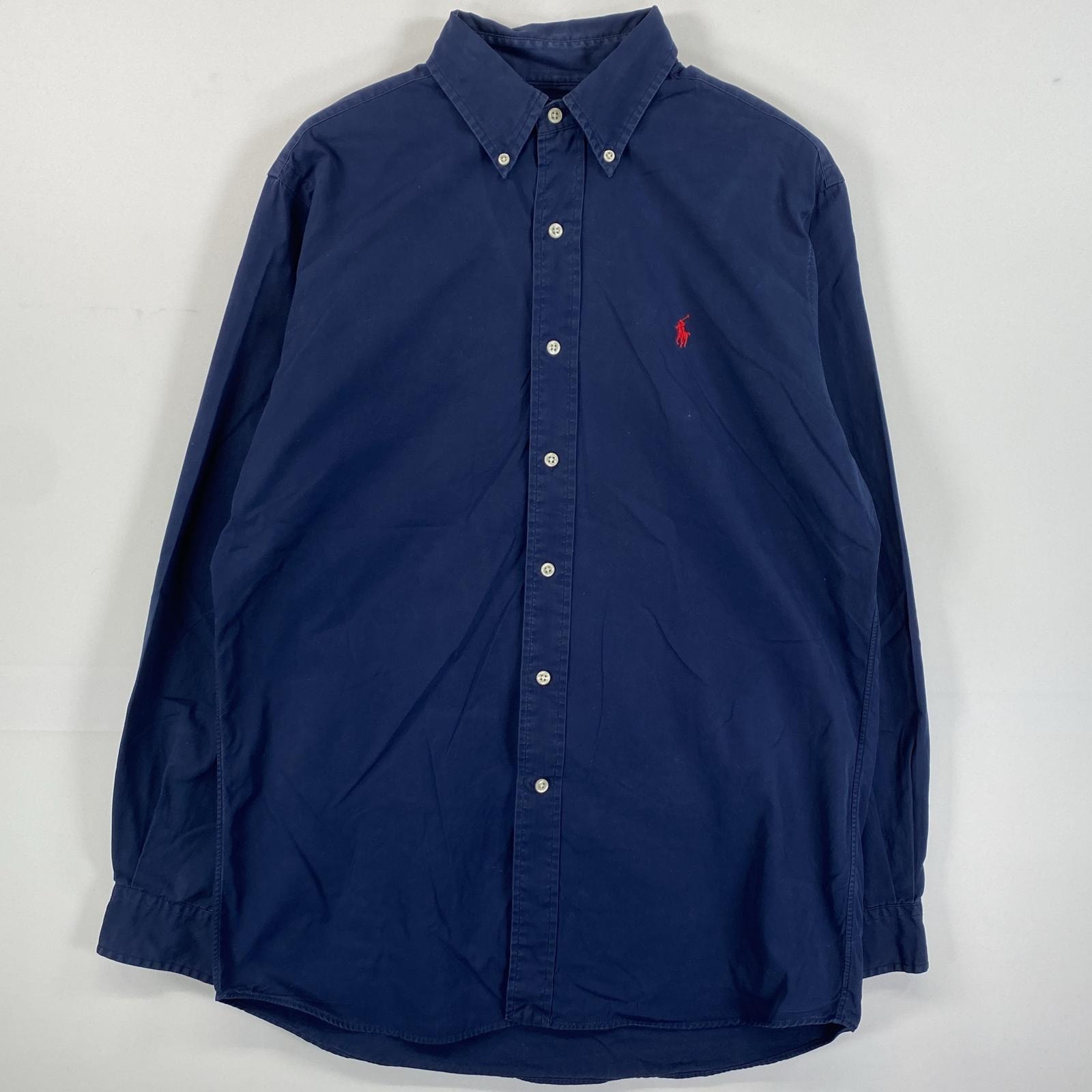古着 90's/90年代 ポロバイラルフローレン Polo by Ralph Lauren 長袖シャツ ボタンダウン ワンポイントロゴ刺繍 M  ネイビー 無地 メンズ