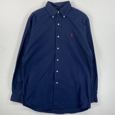 古着 90's/90年代 ポロバイラルフローレン Polo by Ralph Lauren 長袖シャツ ボタンダウン ワンポイントロゴ刺繍 M ネイビー 無地 メンズ