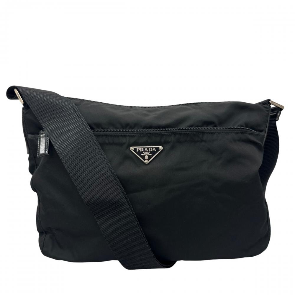 PRADA プラダ ショルダーバッグ テスート トライアングルロゴ 斜め掛け ナイロン    ブラック 黒 シルバー金具 レディース【中古品】