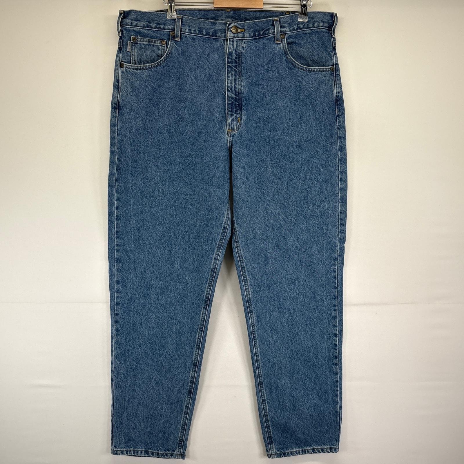 古着 カーハート Carhartt デニムパンツ ジーンズ ジーパン 5ポケット 長ズボン ワーク ワンポイントロゴ w42 L32  ブルー メンズ