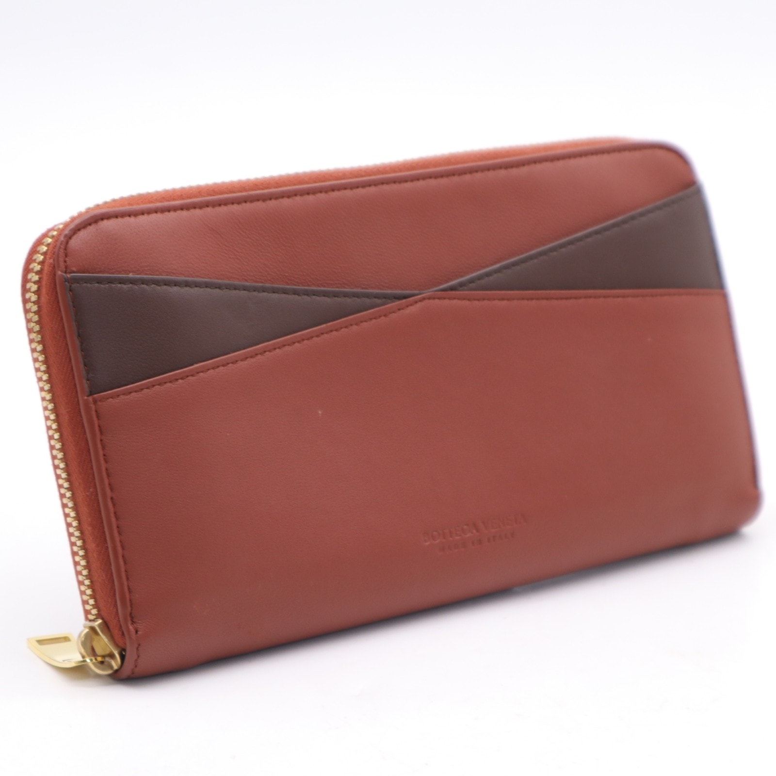美品 BOTTEGAVENETA ボッテガヴェネタ ナッパレザー ラウンドファスナー長財布 バイカラー 608254 長財布 ブラウン レザー レディース