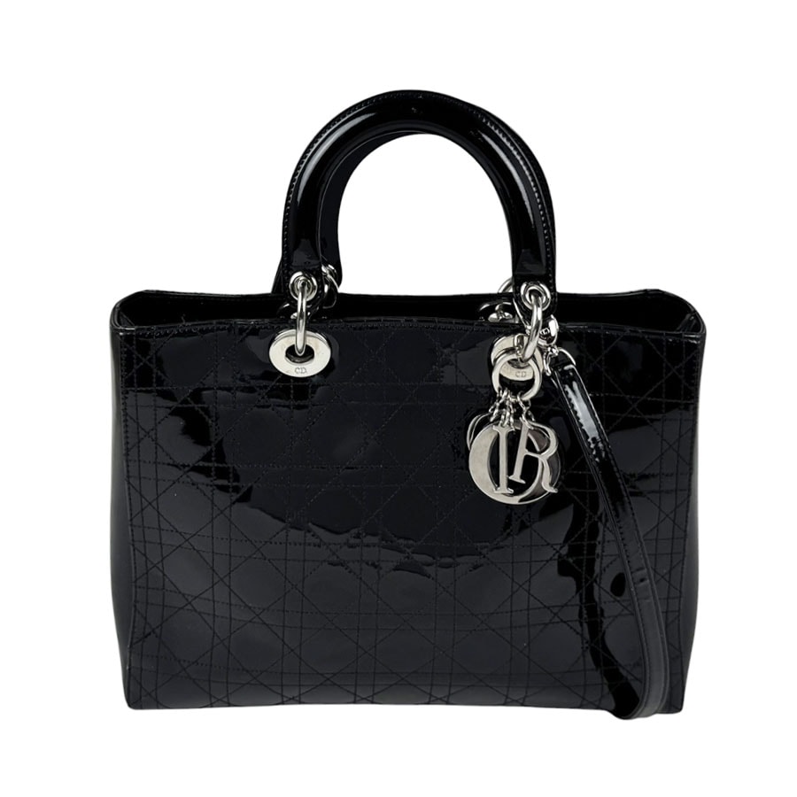 クリスチャンディオール Christian Dior ハンドバッグ ショルダーバッグ レディディオール ラージ パテントレザー ブラック シルバー レディース【中古】 z11233