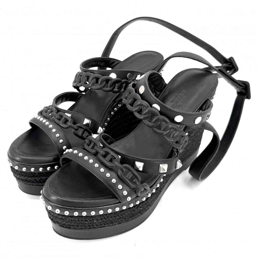 HERMES エルメス サンダル シューズ 靴 スタッズ 36サイズ 約23cm ウェッジソール レザー ブラック 黒 シルバー金具 レディース 春 夏【中古品】