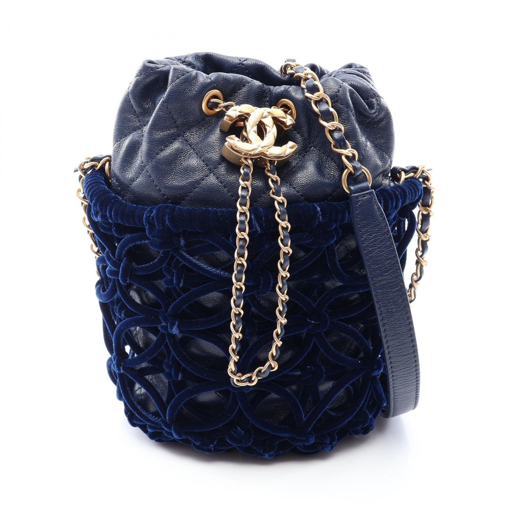 シャネル CHANEL マトラッセ ドローストリング バケットバッグ ミニ ショルダーバッグ バッグ レザー ファブリック レディース ネイビー系 【中古】