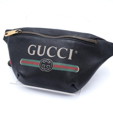 GUCCI(グッチ)ロゴプリント スモールベルトバッグ ボディバッグ ウエストバッグ ブラック レザー シェリーライン 527792【中古】
