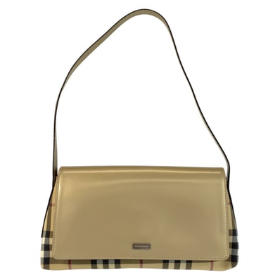 美品 BURBERRY バーバリー チェック柄 ベージュ ゴールド キャンバス レザー/ ショルダーバッグ 600851 【中古】