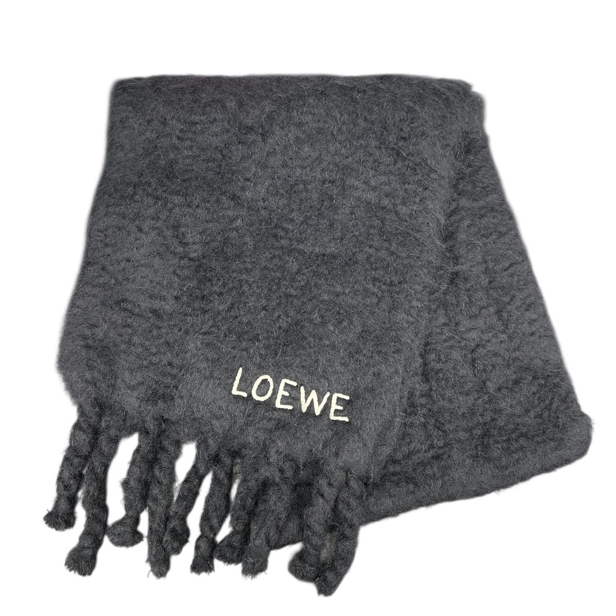 LOEWE 美品 ロエベ ロゴ モヘア ブレンド マフラー F526487X08 ウール ブラック ホワイト フリンジ 刺繍 大判 ストール プレゼント ギフト ABランク 中古 鑑定済 ロエベマフラー