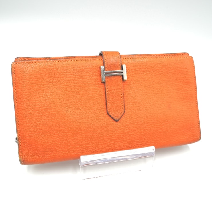 HERMES(エルメス)ベアン ヴィンテージ 長財布 二つ折りウォレット オレンジ レザー H金具 シルバー レディース【中古】