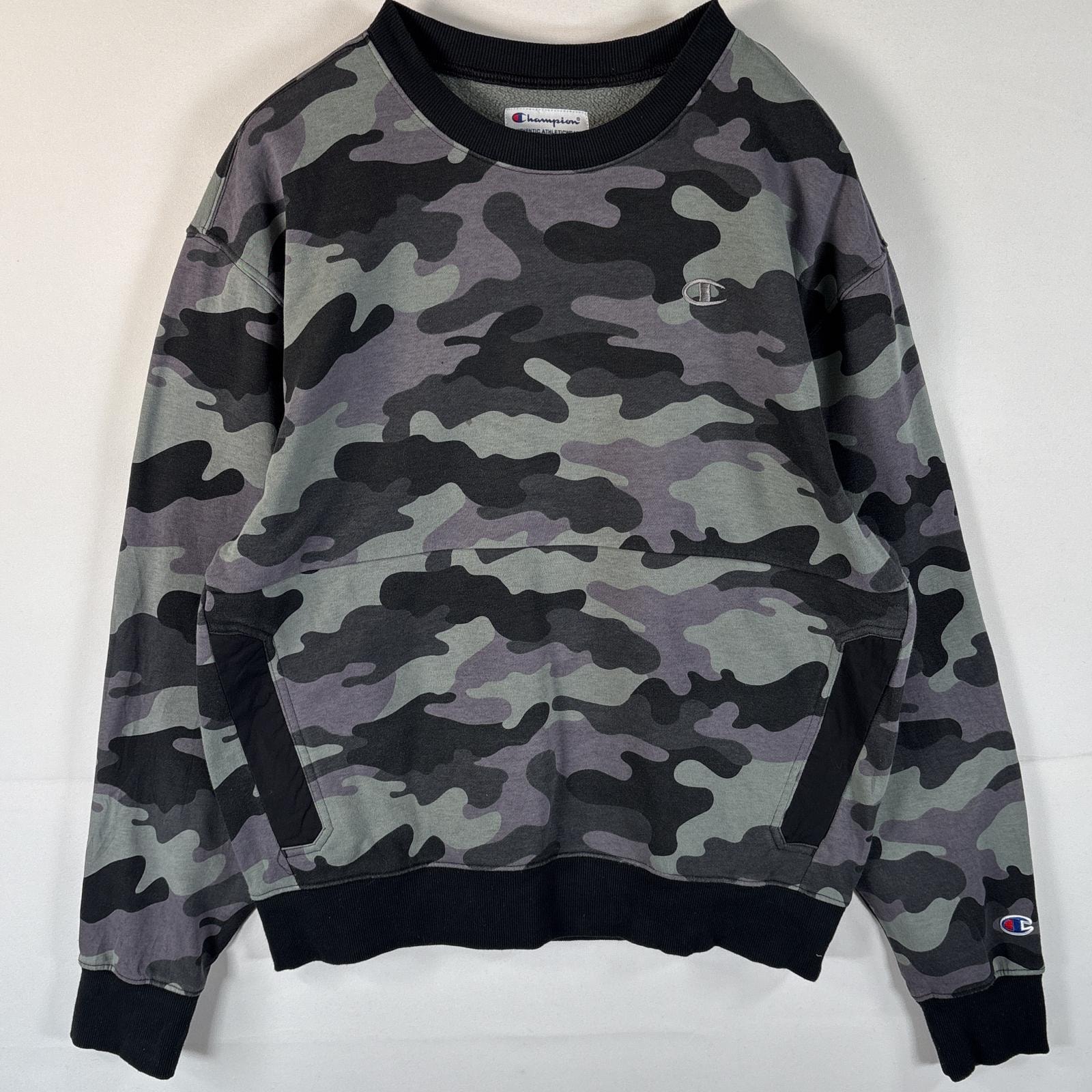 古着 チャンピオン Champion スウェット ワンポイントロゴ刺繍 カモフラ 迷彩 トレーナー M ブラック 総柄 メンズ