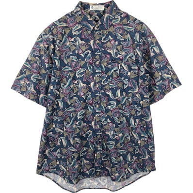 古着 90年代 コロンビア Columbia 白タグ 魚柄 総柄 半袖 ボタンダウンシャツ メンズXL相当 ヴィンテージ/eaa641477