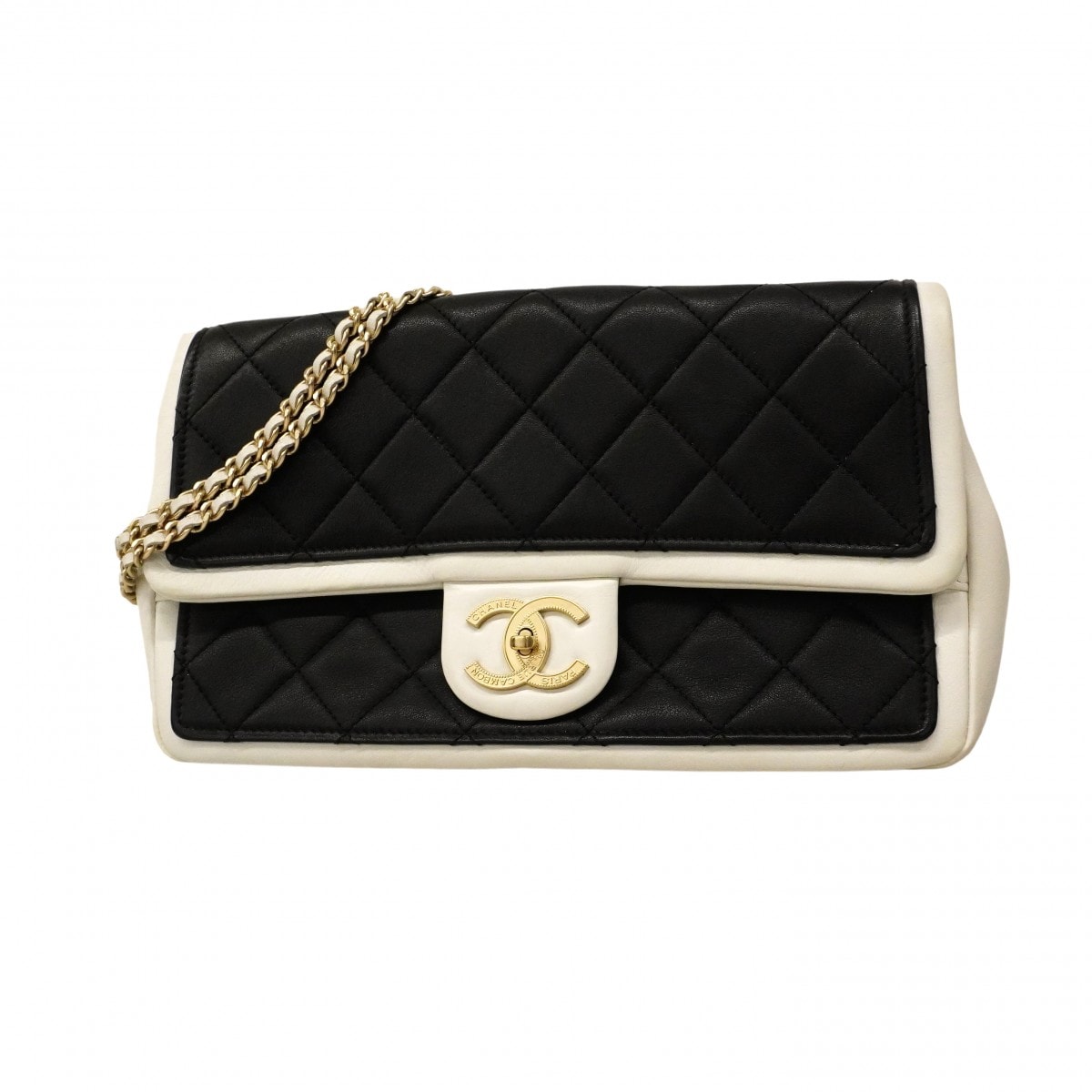 【6cd4906】シャネル ショルダーバッグ マトラッセ Wチェーン ラムスキン ブラック ホワイト シャンパンゴールド金具【中古】レディース