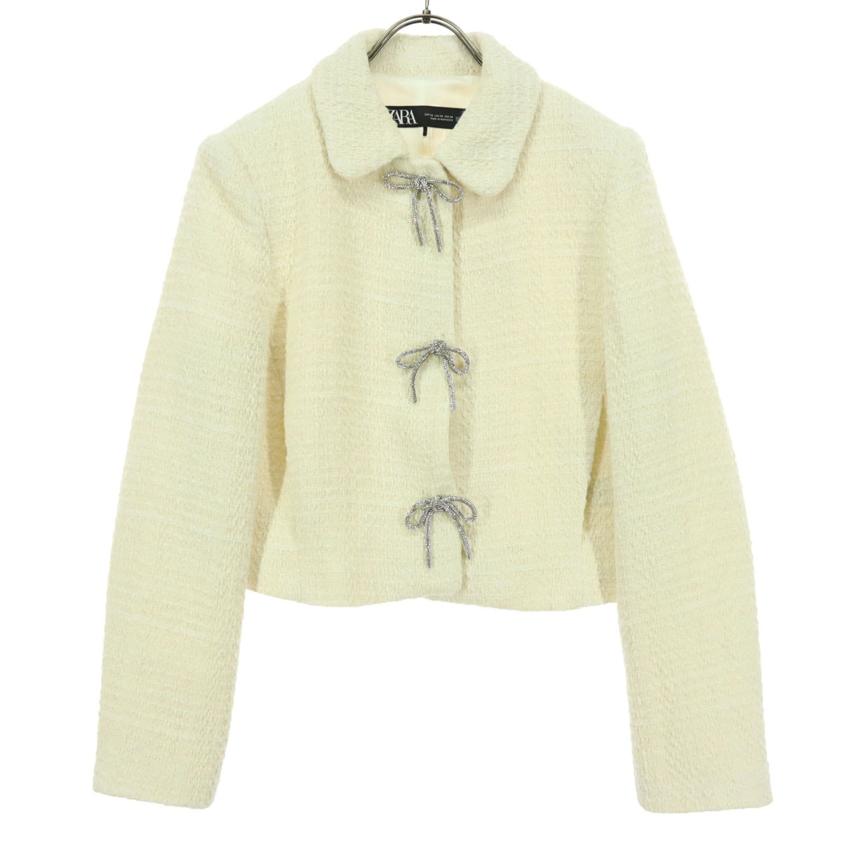 美品 ZARA ザラ 長袖 ツイードジャケット XS アイボリー リボン