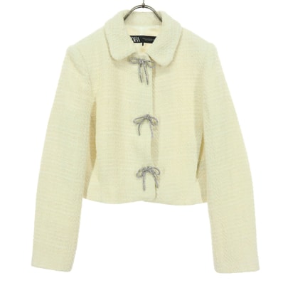 美品 ZARA ザラ 長袖 ツイードジャケット XS アイボリー リボン