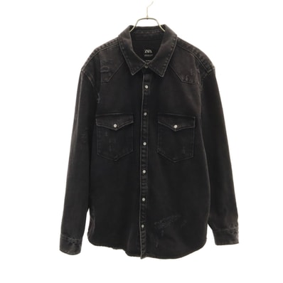 ZARA ザラ ヴィンテージ加工 デニム シャツジャケット XL ブラック
