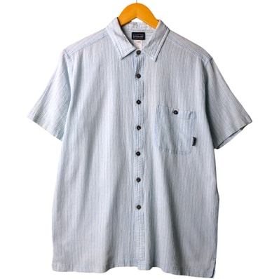 古着 00年代 パタゴニア Patagonia A/C シャツ 52921S0 楊柳クレープ 半袖 コットン ストライプシャツ ボックスシャツ メンズL相当/evb010542