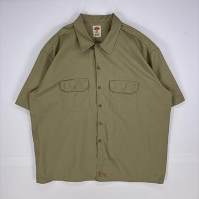 古着 ディッキーズ Dickies 半袖シャツ 大きいサイズ ワーク 胸ポケット ショートスリーブ 2XL ベージュ系 無地 メンズ