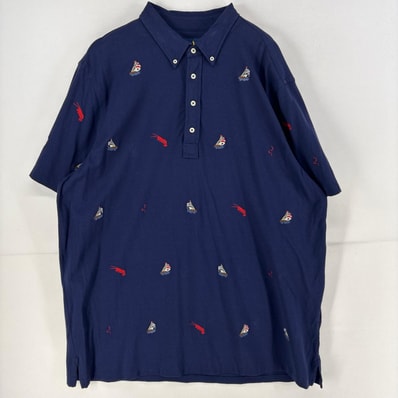 古着 ラルフローレン RALPH LAUREN ポロシャツ 刺繍 半袖 総柄 鹿子 大きいサイズ ロブスター ヨット 2XL ネイビー系 総柄 メンズ