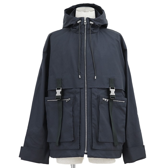 【新品同様】LOEWE ロエベ フーデッドジャケット サイズ 42 メンズ オーバーサイズ アナグラム レザーパッチ コットン100% ブルゾン アウター ネイビー 紺 ポルトガル製