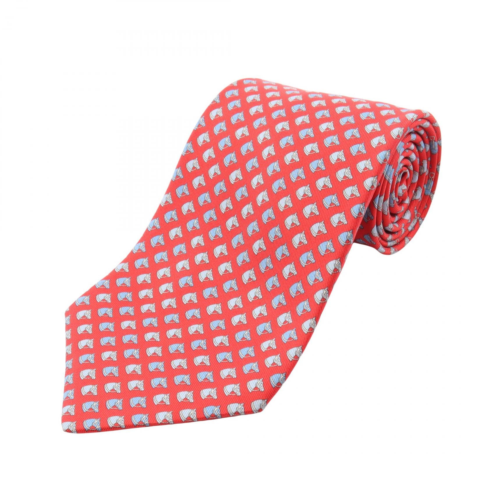 エルメス HERMES 馬 馬具 総柄 ネクタイ 衣料品 シルク シルク メンズ レッド系 / マルチカラー 【中古】
