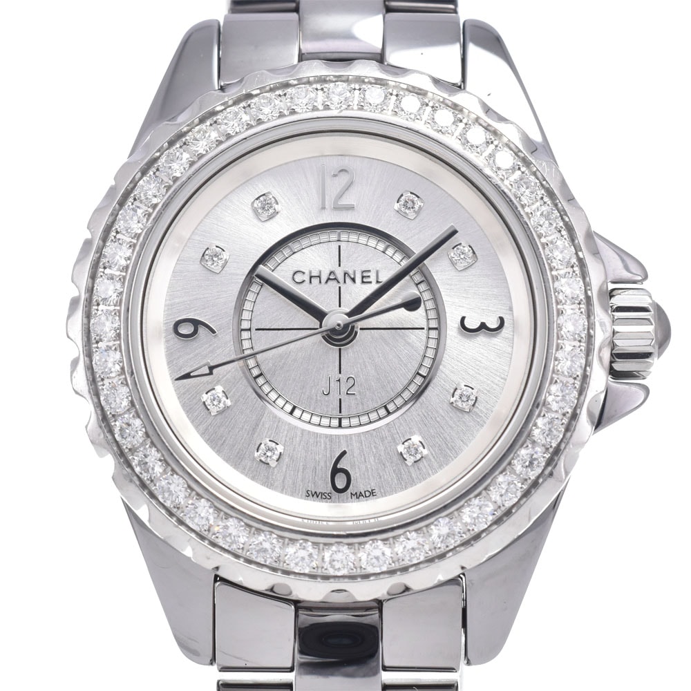 シャネル CHANEL H3402 J12 ダイヤモンド シルバー クォーツ レディース 美品 箱付き 腕時計 O#148955