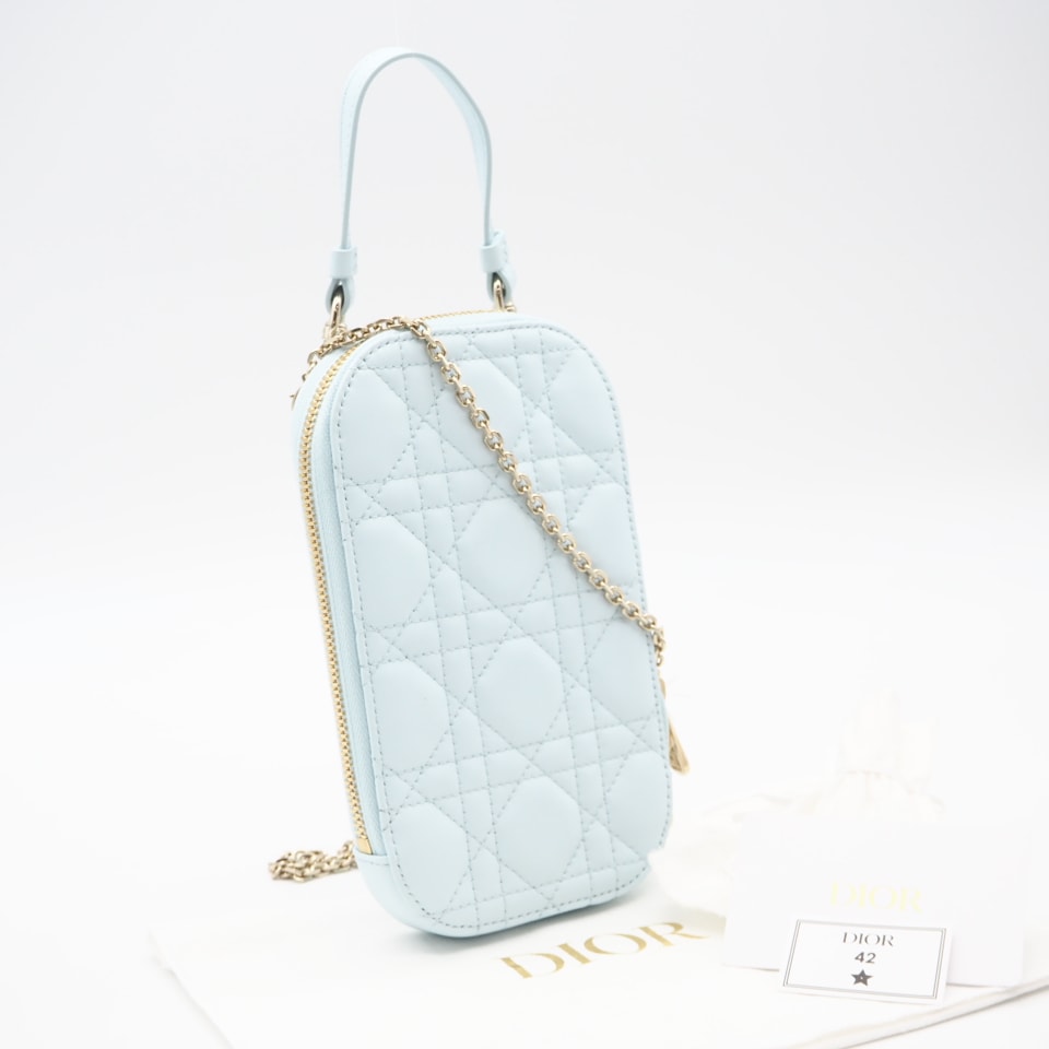 極美品 Dior ディオール カナージュ ラムスキン Lady Dior Call'in Dior フォンホルダー S0872ONMJ_M81B 2wayショルダーバッグ ブルー レザー レディース