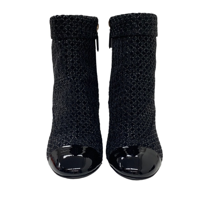 シャネル CHANEL ブーツ ショートブーツ 靴 シューズ ファブリック パテント ブラック 黒 ココマーク パール