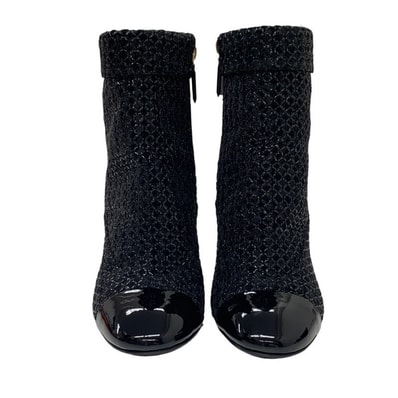 シャネル CHANEL ブーツ ショートブーツ 靴 シューズ ファブリック パテント ブラック 黒 ココマーク パール